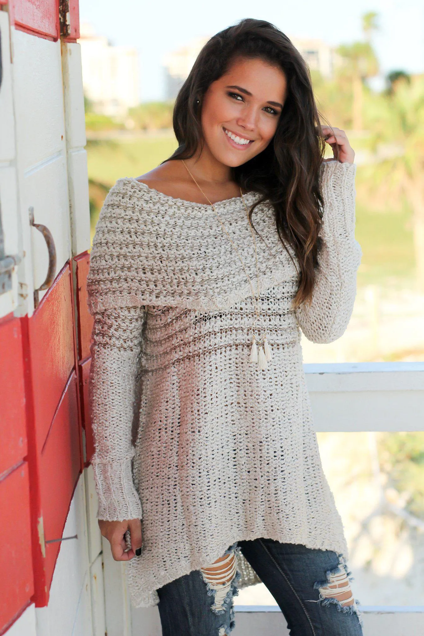 Cream Off Shoulder Knit Tunic