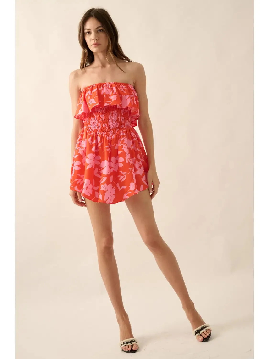 Crimson Bloom Strapless Romper Red