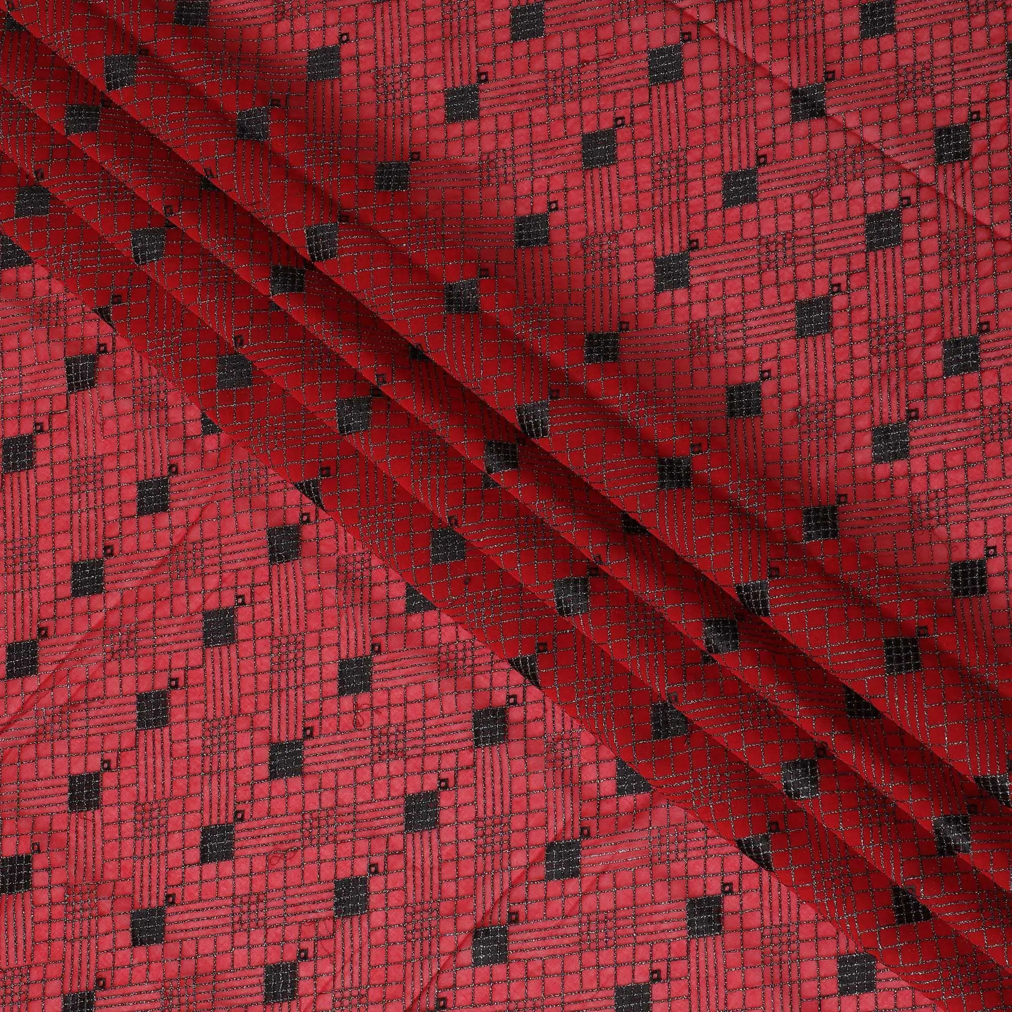 Crimson Charm Cotton Voile with Black Geometric Embroidery for Sudanese Thobe - 140cm x 4.5 Mtrs piece-D18597