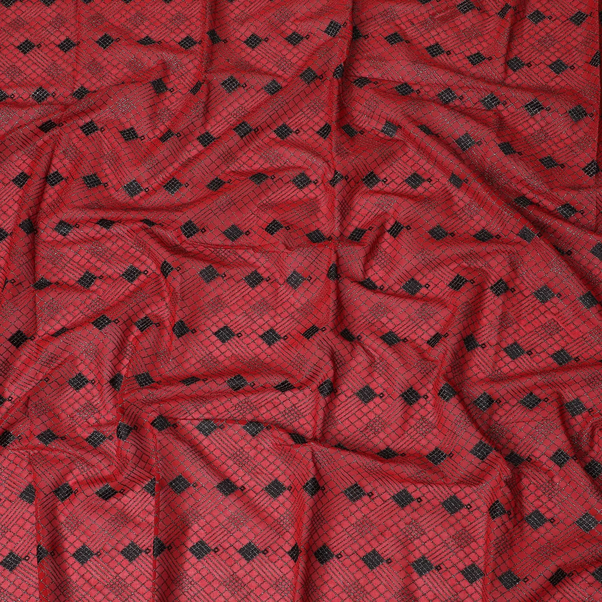 Crimson Charm Cotton Voile with Black Geometric Embroidery for Sudanese Thobe - 140cm x 4.5 Mtrs piece-D18597