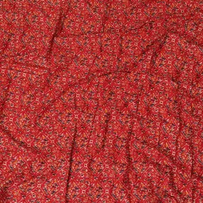 Crimson red cotton viscose fabric with black, orange and gold print in batik design-D14192