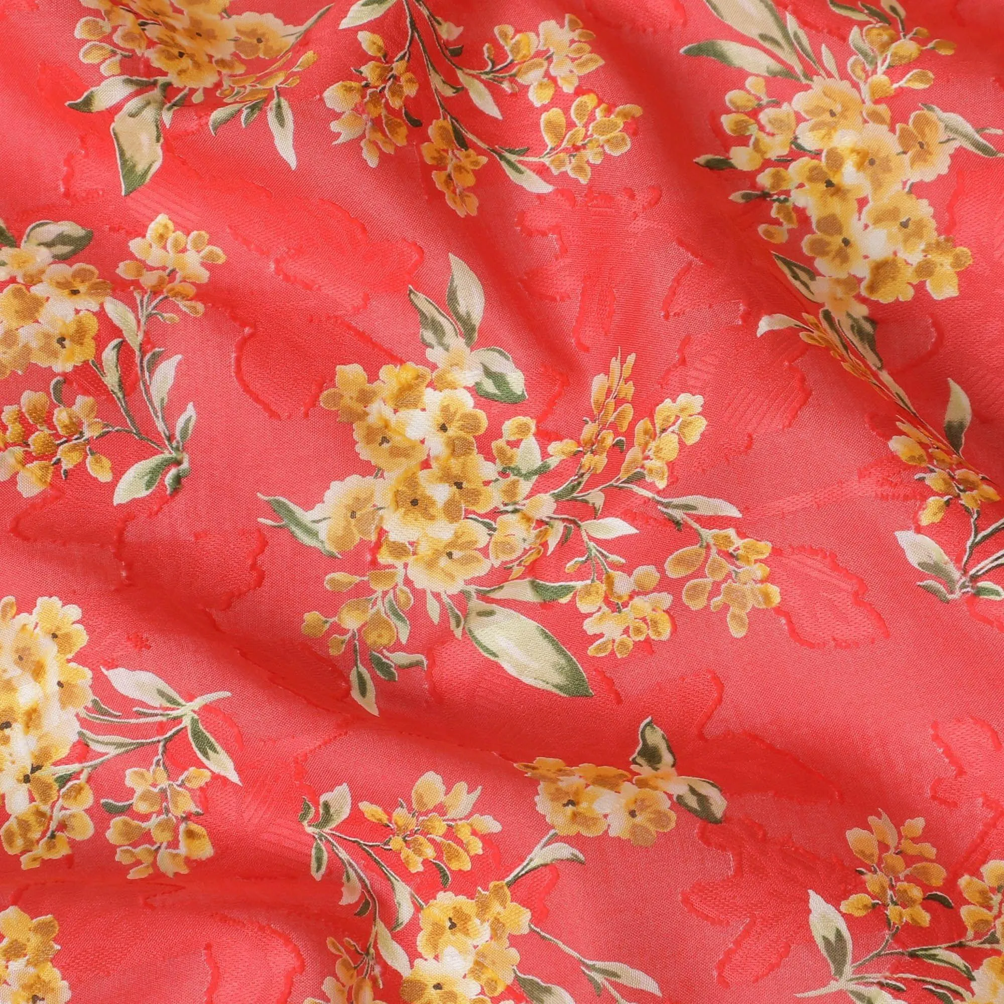 Crimson red uragiri cotton fabric with same tone jacquard having mustard, olive green and black print in floral design-D14321