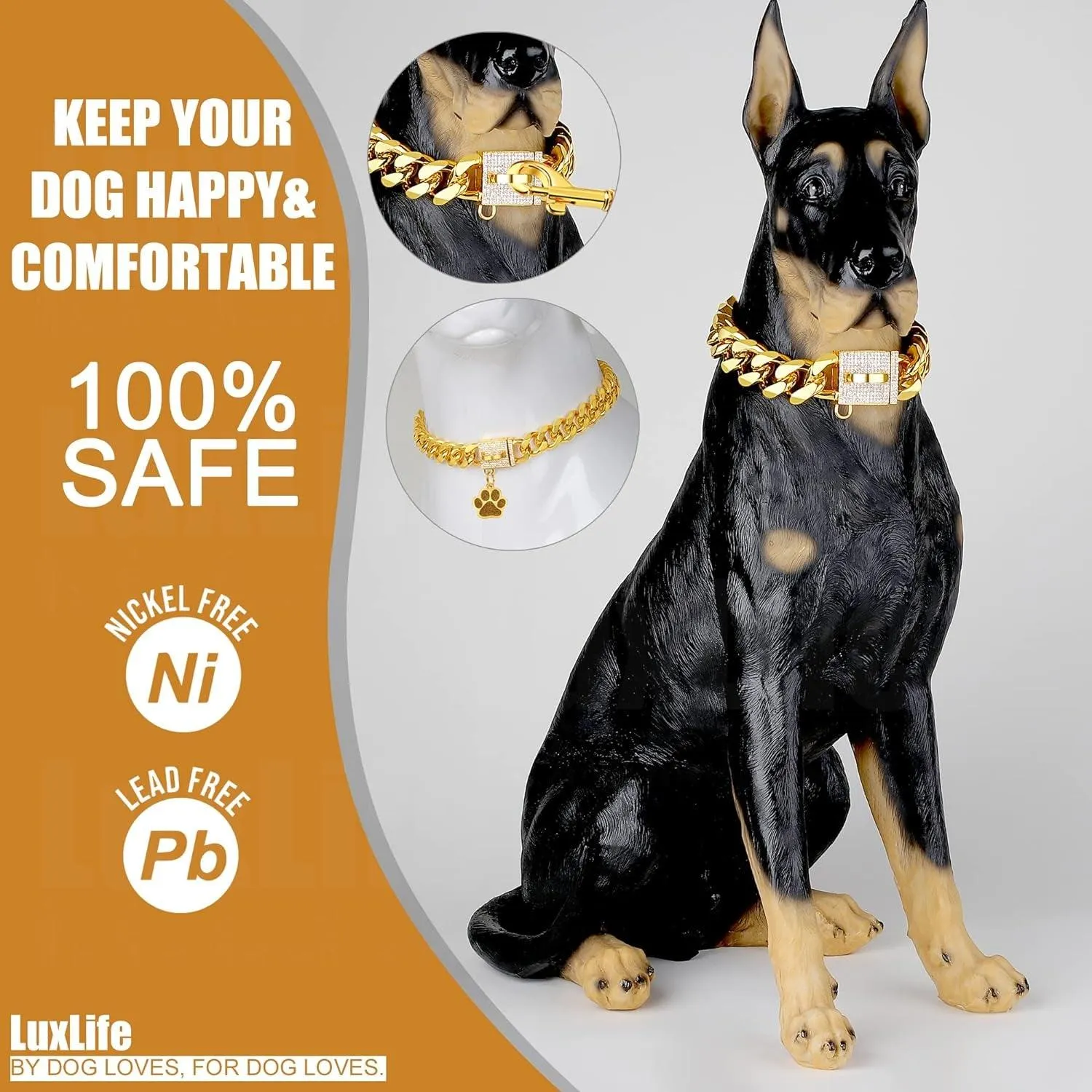 Cuban Gold CZ Dog Collar: Designer Luxury with Safety Charm