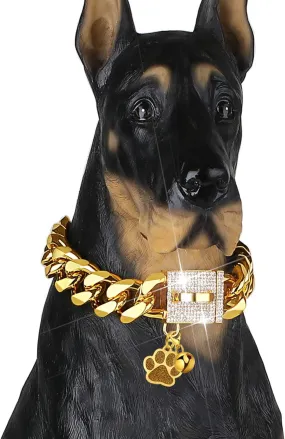 Cuban Gold CZ Dog Collar: Designer Luxury with Safety Charm