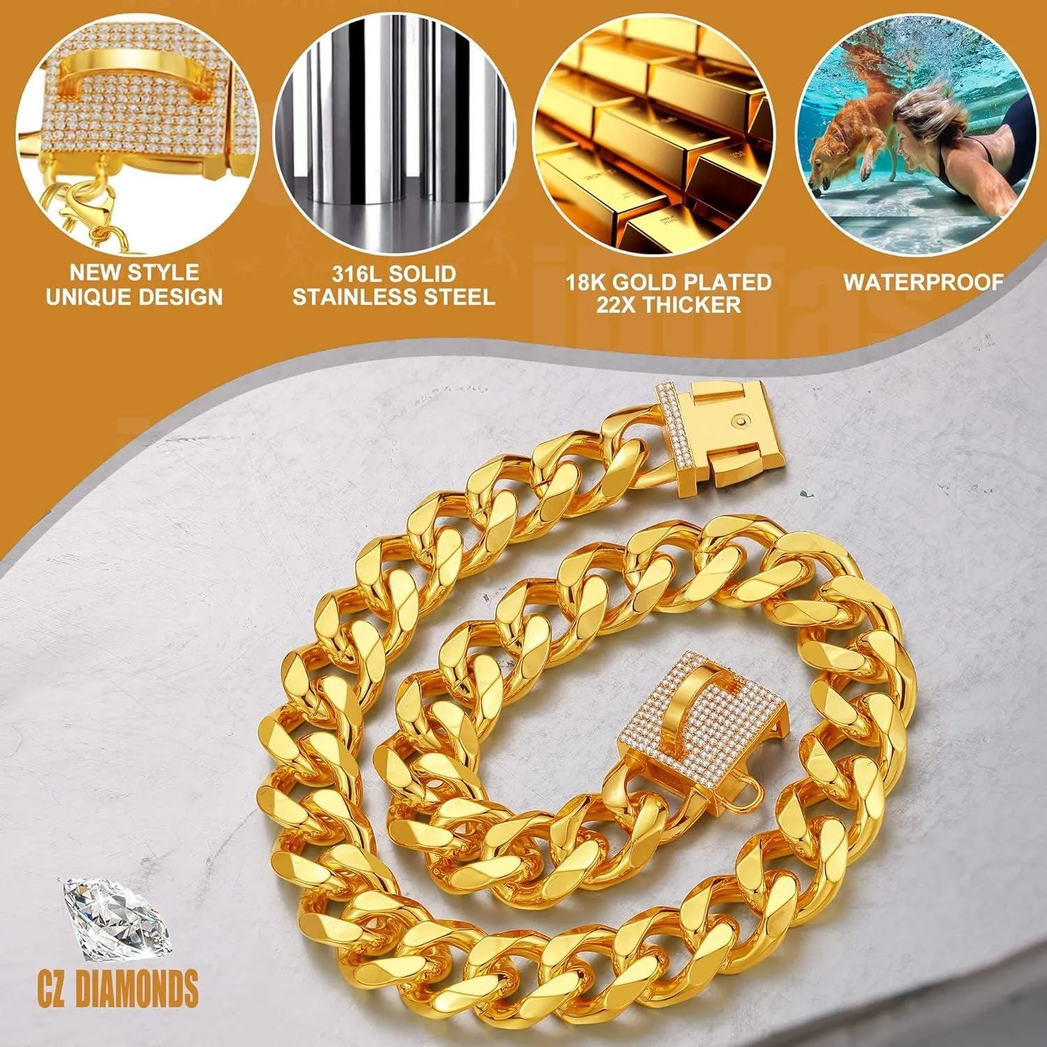 Cuban Gold CZ Dog Collar: Designer Luxury with Safety Charm