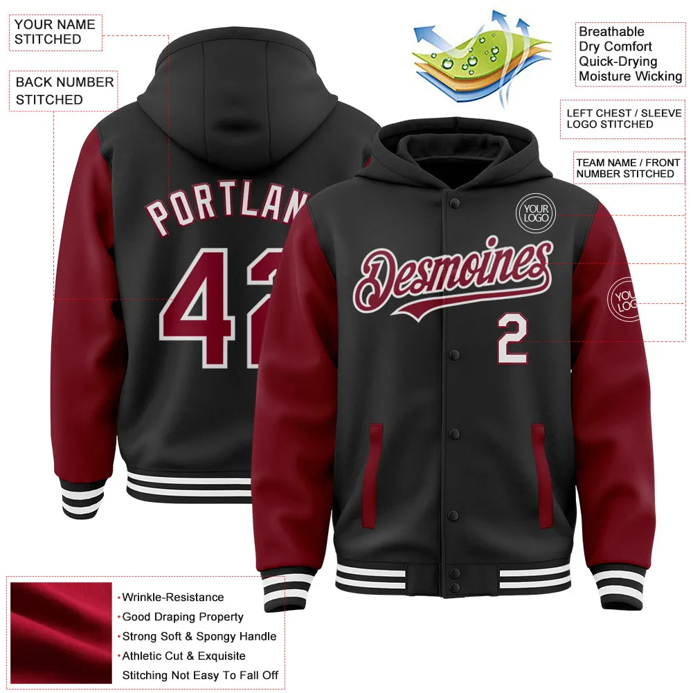 Custom Black Crimson-White Bomber Full-Snap Varsity Letterman Two Tone Hoodie Jacket