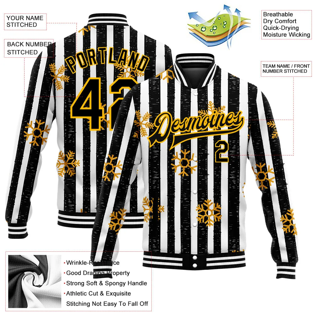 Custom Black Gold-White Christmas Gold Snowflakes 3D Bomber Full-Snap Varsity Letterman Jacket