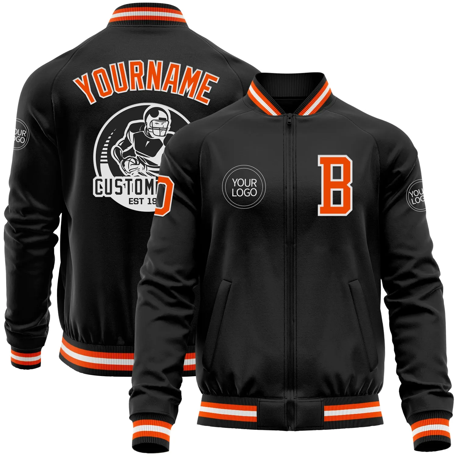 Custom Black Orange-White Bomber Varsity Letterman Zipper Jacket