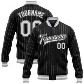 Custom Black White Pinstripe Gray Bomber Full-Snap Varsity Letterman Jacket