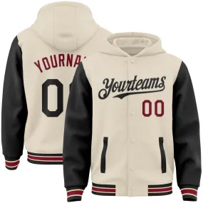 Custom Cream Black Crimson-City Cream Bomber Full-Snap Varsity Letterman Two Tone Hoodie Jacket