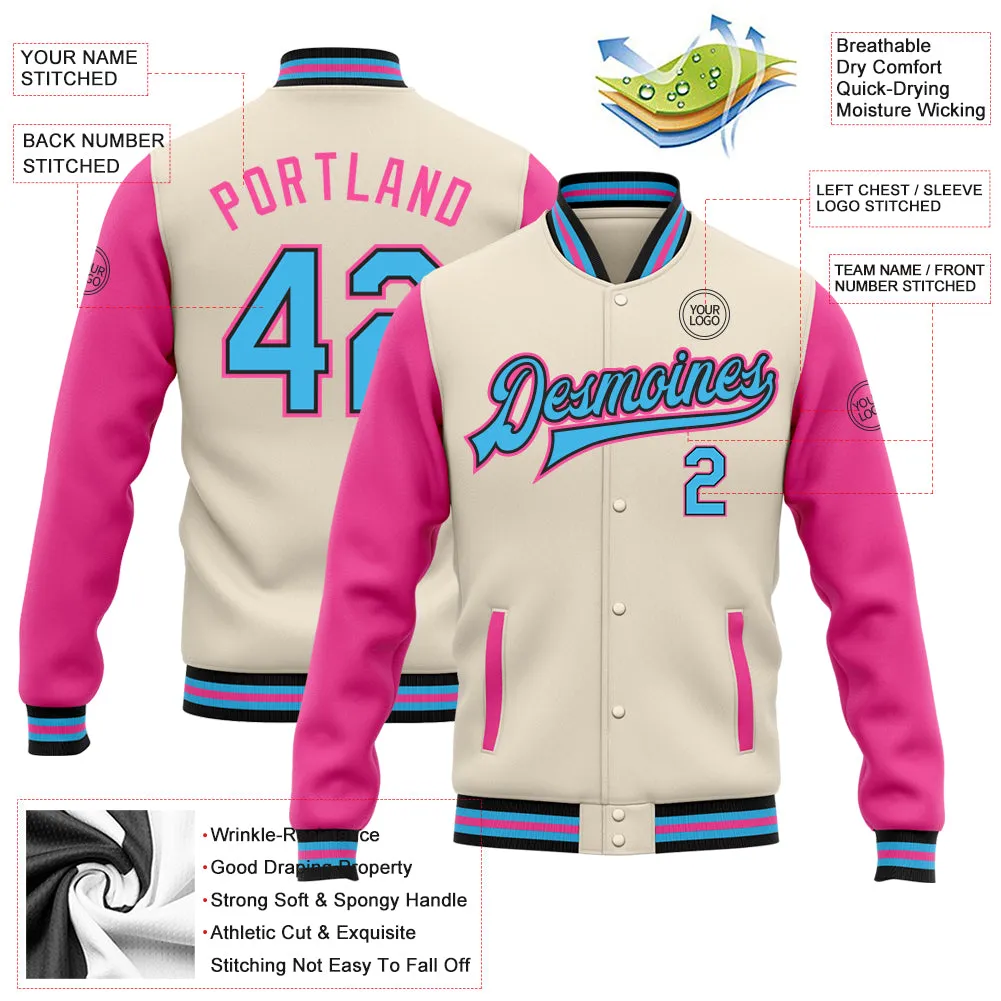 Custom Cream Sky Blue Black-Pink Bomber Full-Snap Varsity Letterman Two Tone Jacket