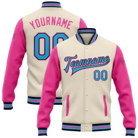 Custom Cream Sky Blue Black-Pink Bomber Full-Snap Varsity Letterman Two Tone Jacket