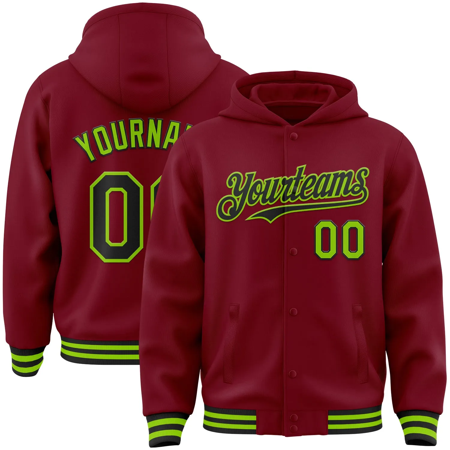 Custom Crimson Black-Neon Green Bomber Full-Snap Varsity Letterman Hoodie Jacket