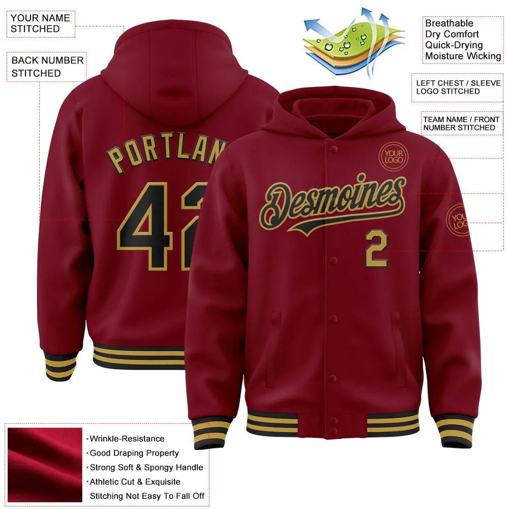 Custom Crimson Black-Old Gold Bomber Full-Snap Varsity Letterman Hoodie Jacket