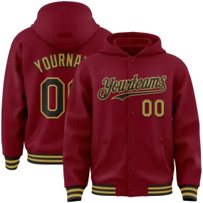 Custom Crimson Black-Old Gold Bomber Full-Snap Varsity Letterman Hoodie Jacket