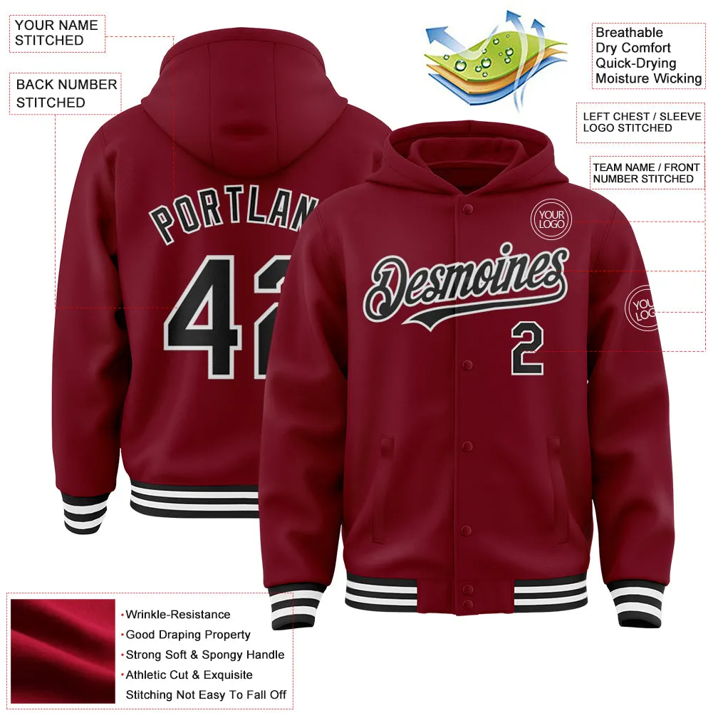 Custom Crimson Black-White Bomber Full-Snap Varsity Letterman Hoodie Jacket