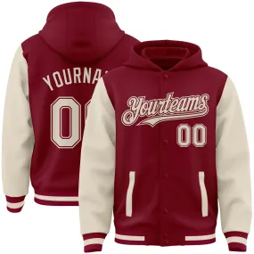 Custom Crimson Cream Bomber Full-Snap Varsity Letterman Two Tone Hoodie Jacket