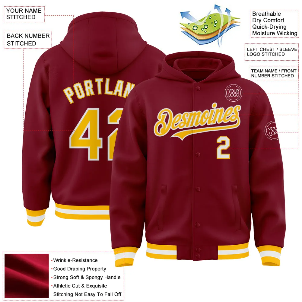 Custom Crimson Gold-White Bomber Full-Snap Varsity Letterman Hoodie Jacket