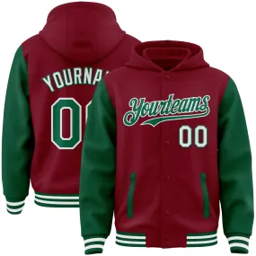 Custom Crimson Kelly Green-White Bomber Full-Snap Varsity Letterman Two Tone Hoodie Jacket