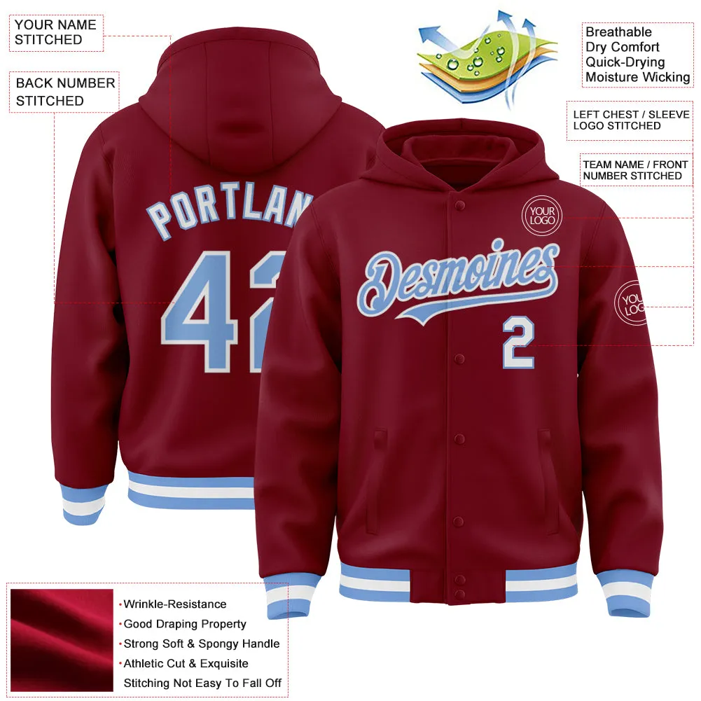 Custom Crimson Light Blue-White Bomber Full-Snap Varsity Letterman Hoodie Jacket