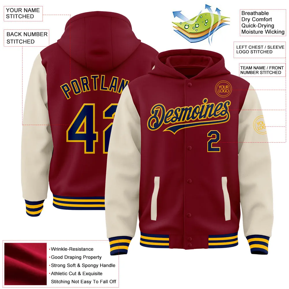 Custom Crimson Navy Cream-Gold Bomber Full-Snap Varsity Letterman Two Tone Hoodie Jacket