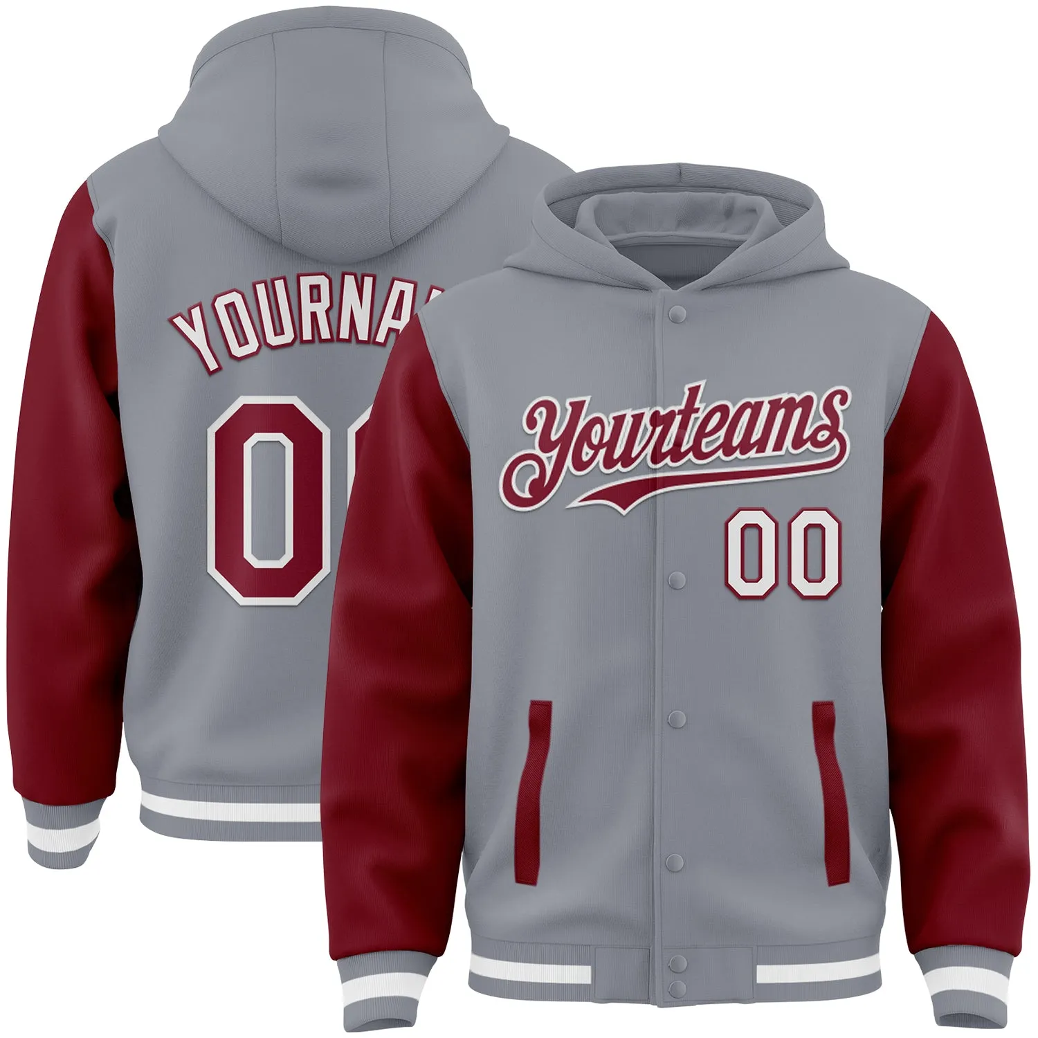 Custom Gray Crimson-White Bomber Full-Snap Varsity Letterman Two Tone Hoodie Jacket