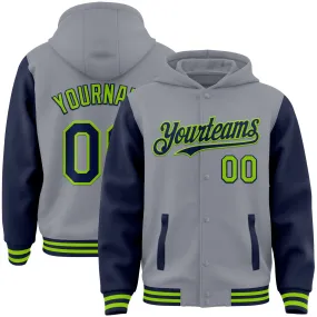 Custom Gray Navy-Neon Green Bomber Full-Snap Varsity Letterman Two Tone Hoodie Jacket