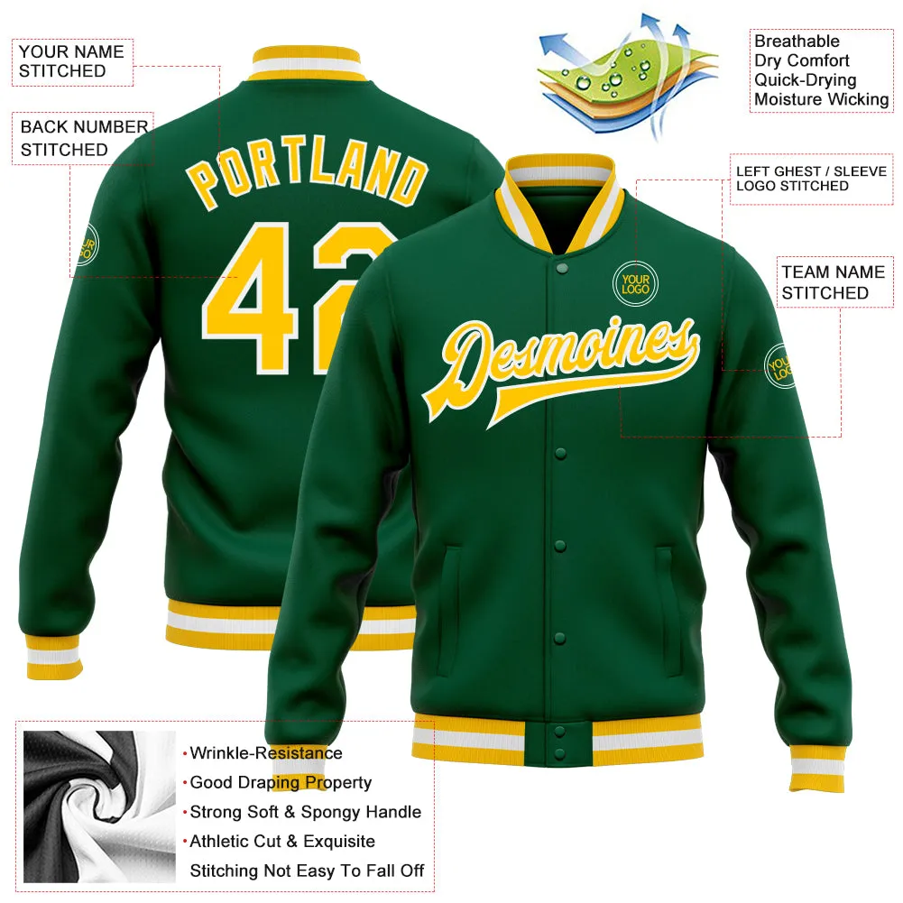 Custom Kelly Green Gold-White Bomber Full-Snap Varsity Letterman Jacket