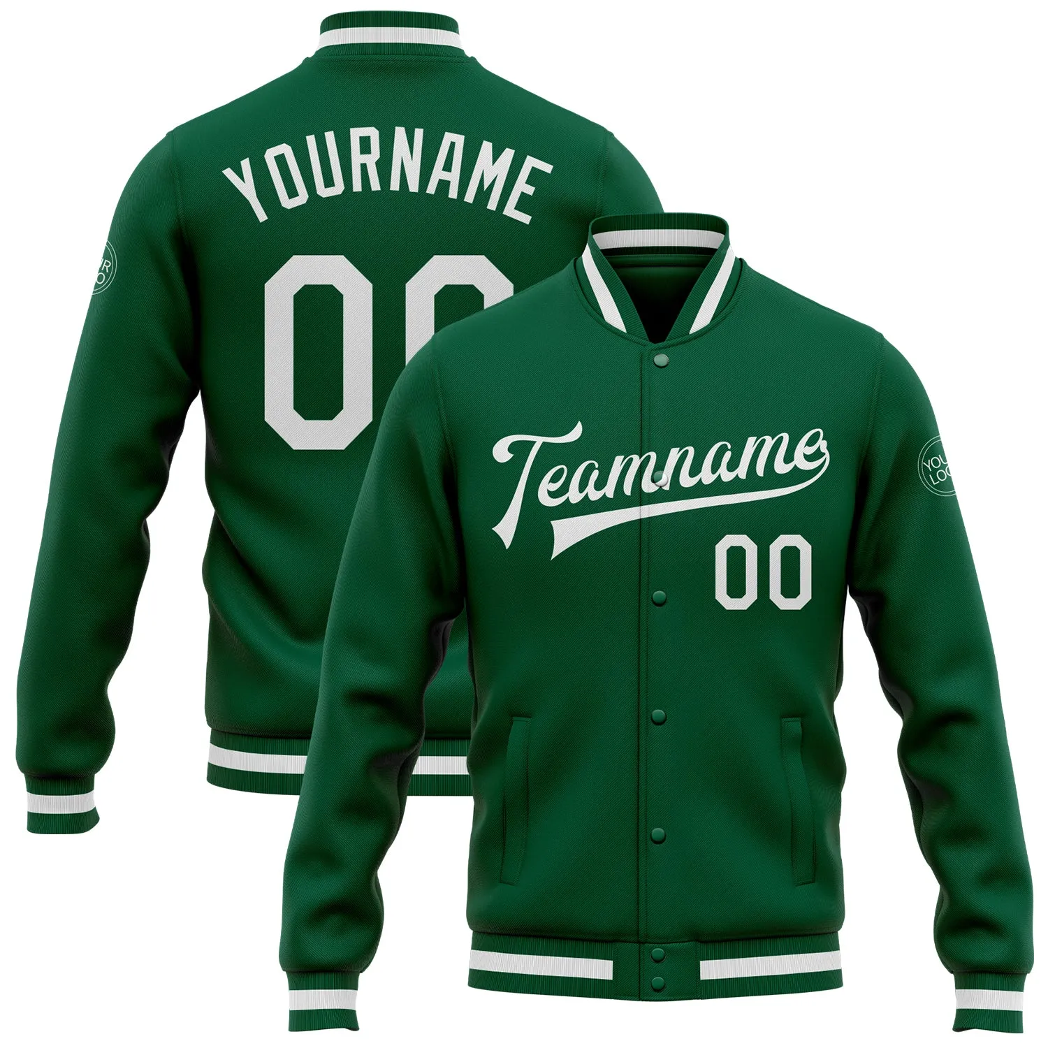 Custom Kelly Green White Bomber Full-Snap Varsity Letterman Jacket