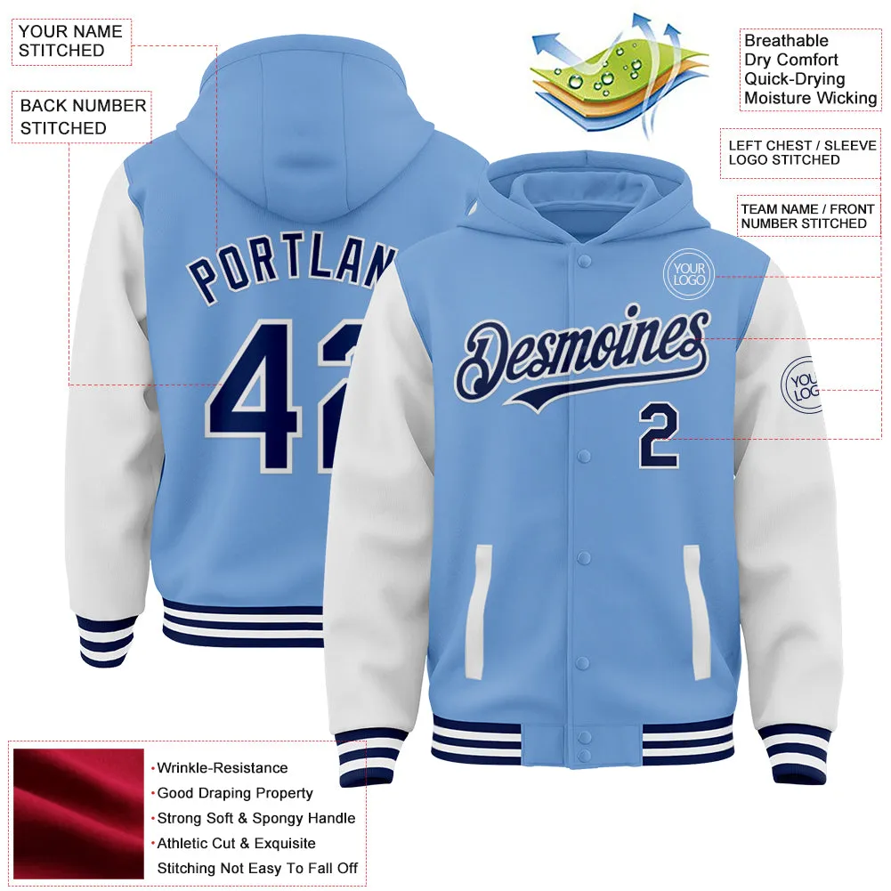 Custom Light Blue Navy-White Bomber Full-Snap Varsity Letterman Two Tone Hoodie Jacket