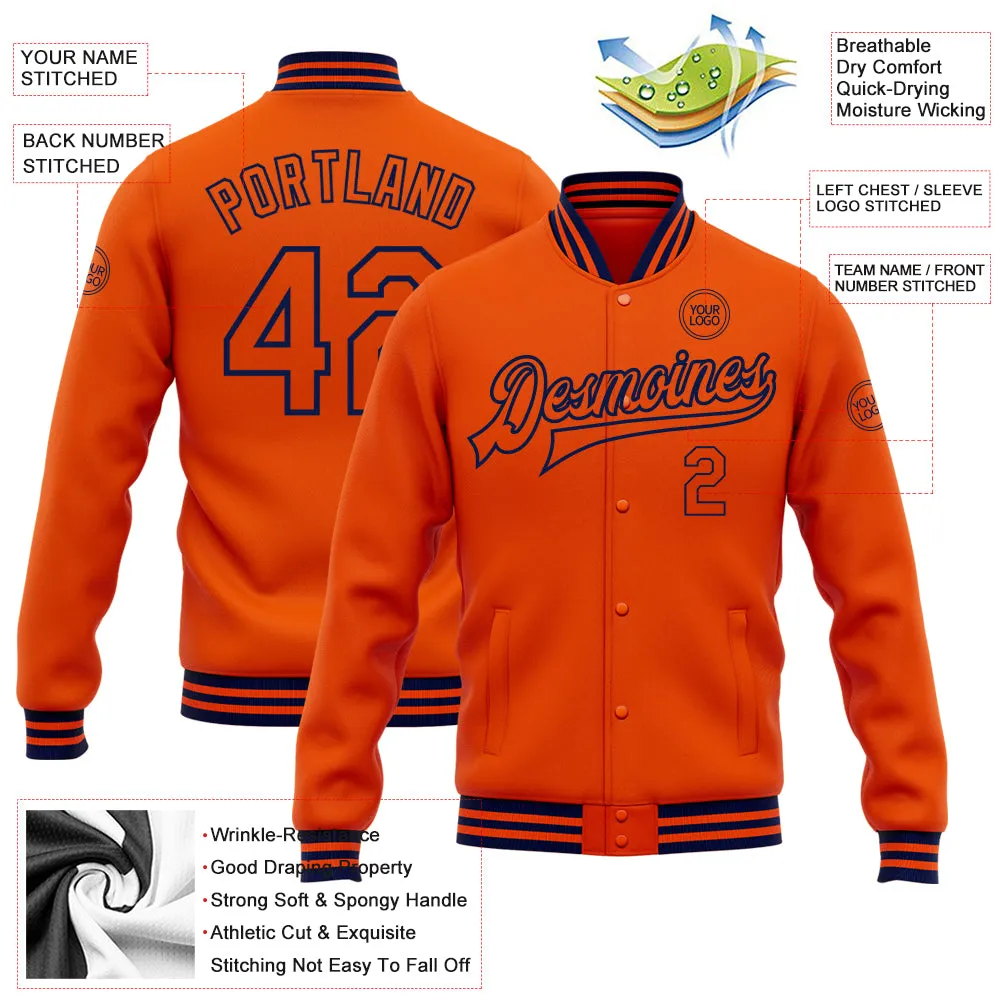 Custom Orange Navy Bomber Full-Snap Varsity Letterman Jacket