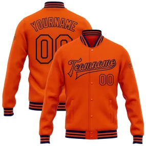 Custom Orange Navy Bomber Full-Snap Varsity Letterman Jacket