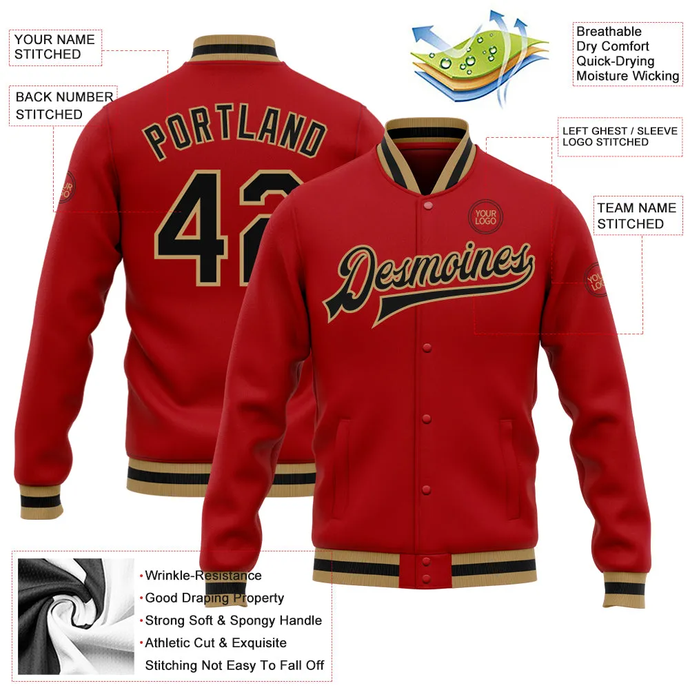 Custom Red Black-Old Gold Bomber Full-Snap Varsity Letterman Jacket