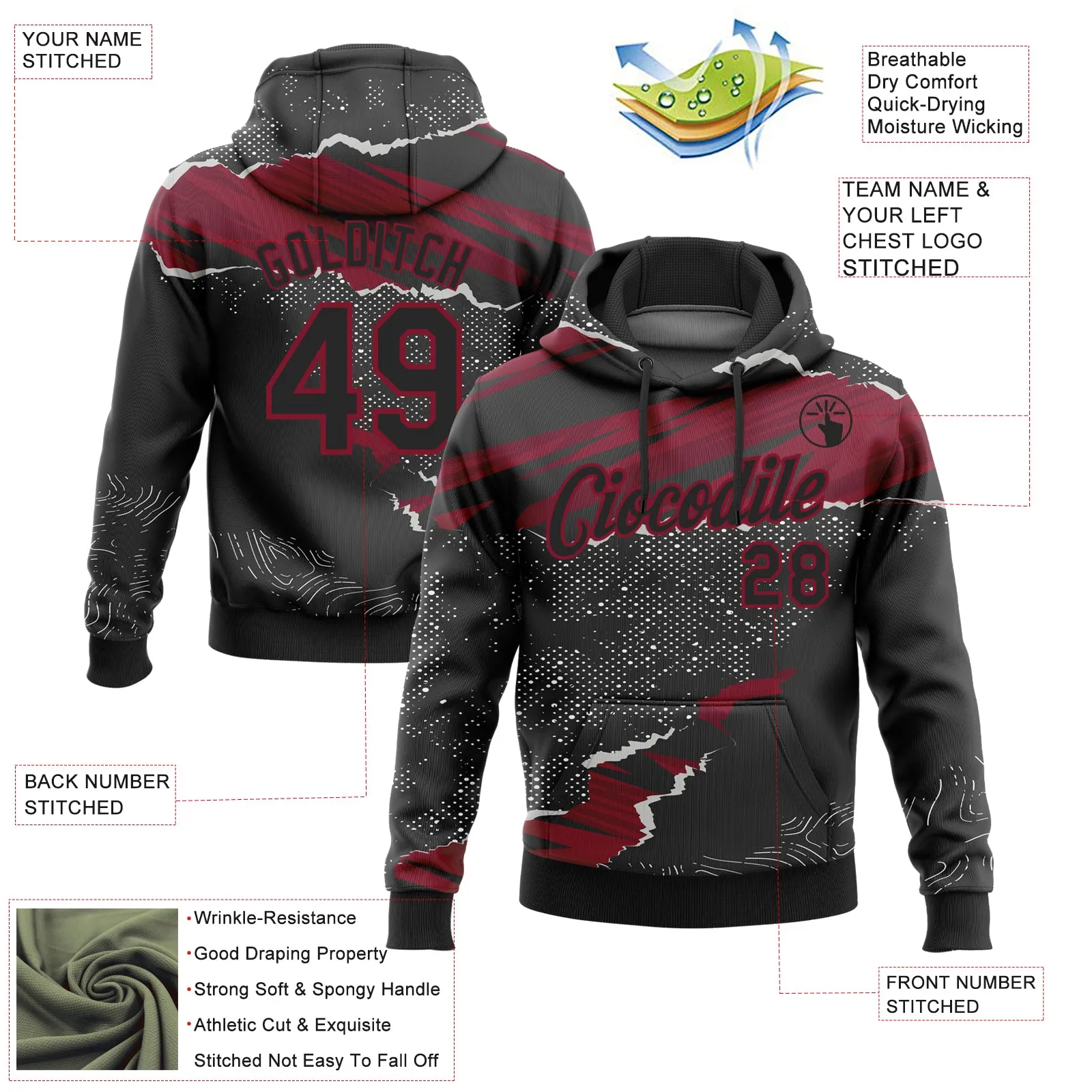 Custom Stitched Black Crimson 3D Pattern Design Torn Paper Style Sports Pullover Sweatshirt Hoodie