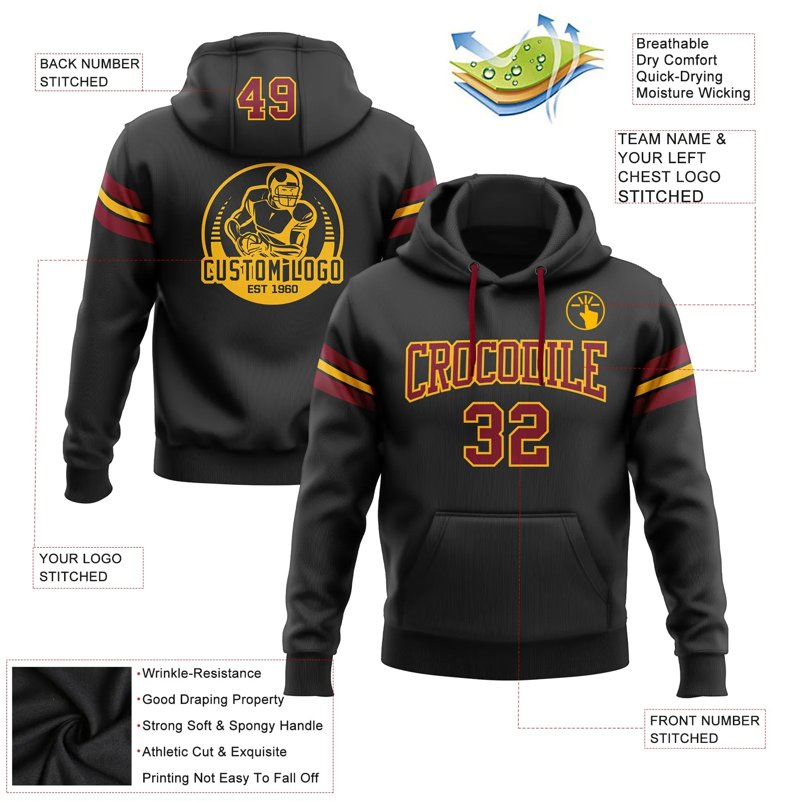 Custom Stitched Black Crimson-Gold Football Pullover Sweatshirt Hoodie