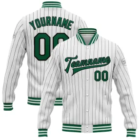 Custom White Black Pinstripe Kelly Green Bomber Full-Snap Varsity Letterman Jacket