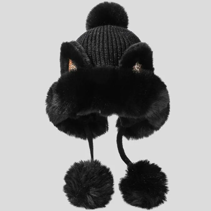 Cute Faux Fur Knit Beanie Sequins Cat Ear Hat