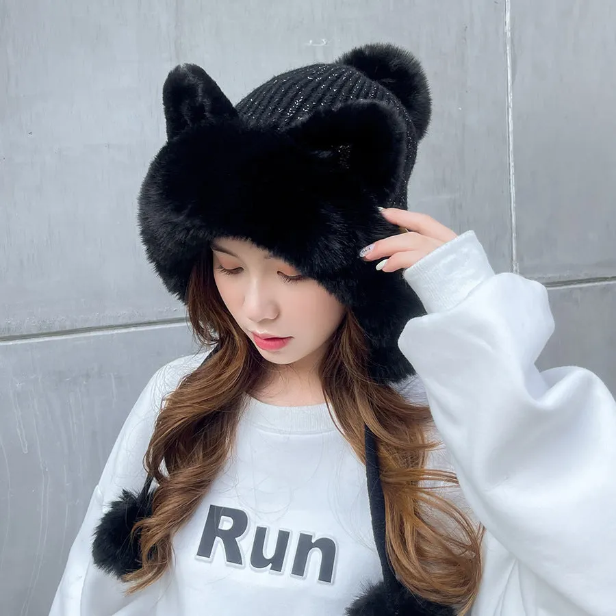 Cute Faux Fur Knit Beanie Sequins Cat Ear Hat