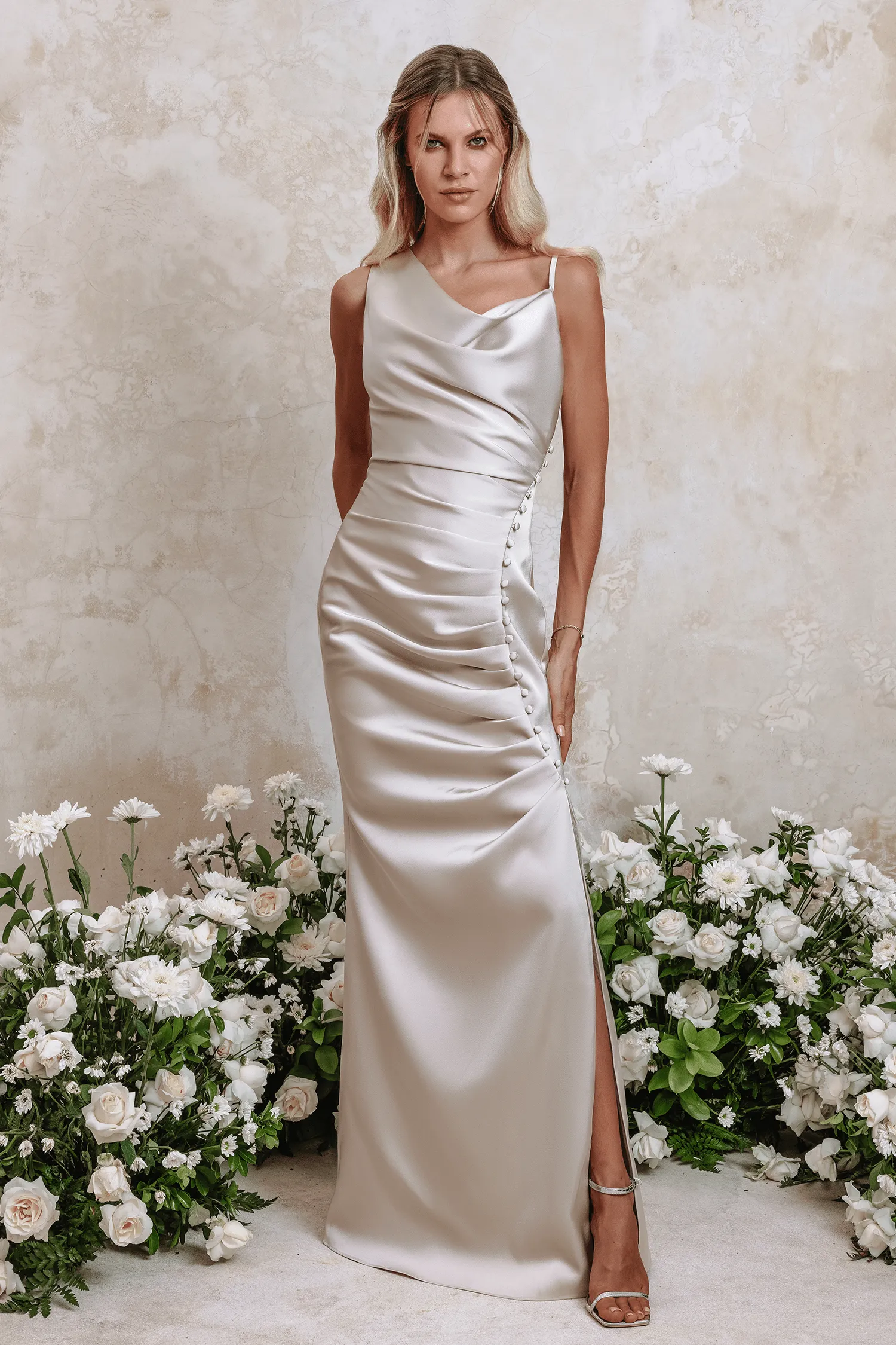 DARCY Satin Cowl Neck Maxi Dress in Cream