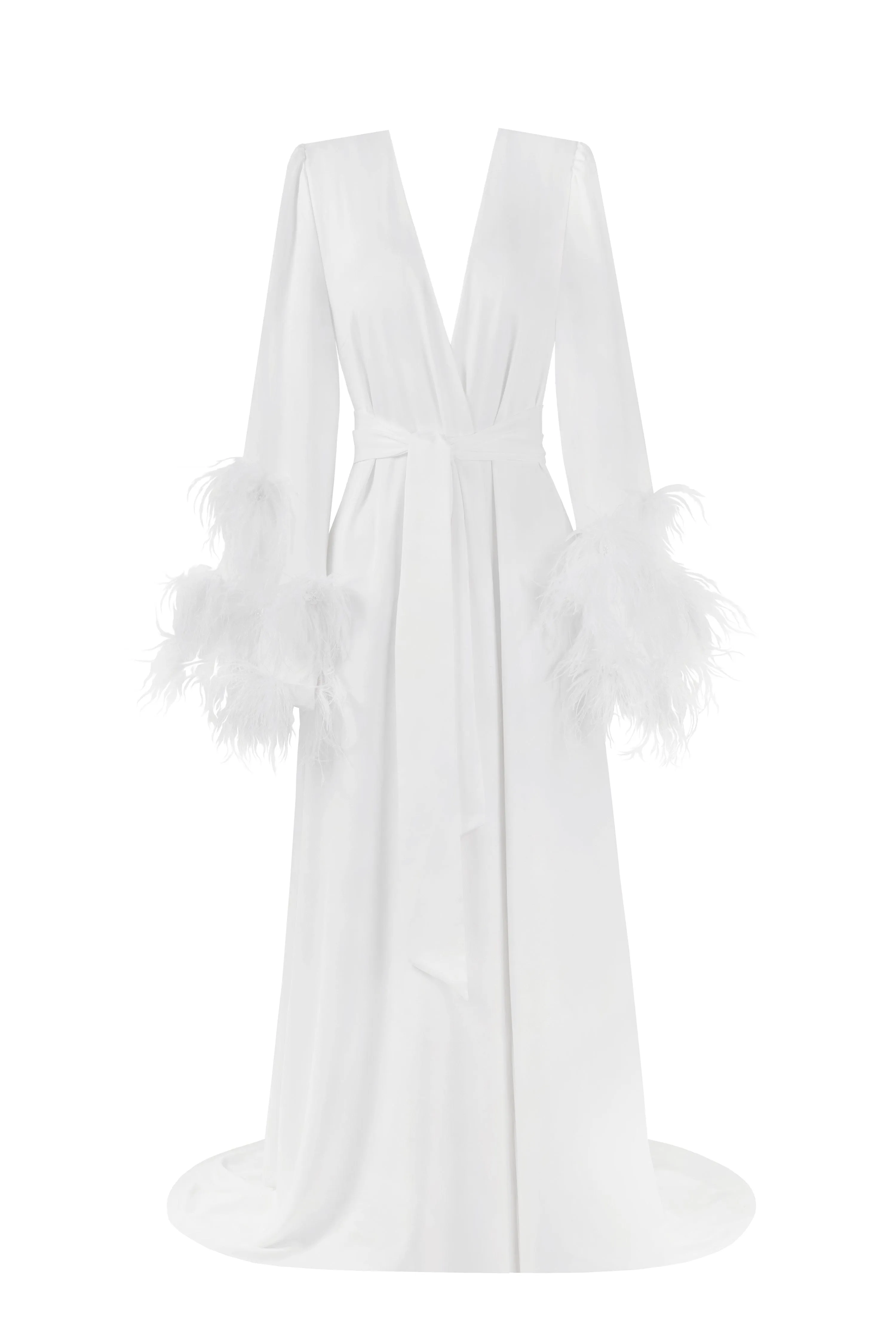 Delicate feather-trimmed satin robe