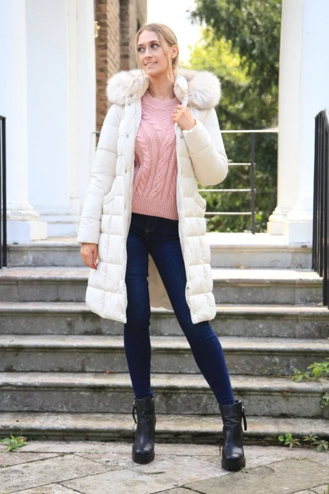 Double Second Ecru Glam Belted Long Puffer Coat