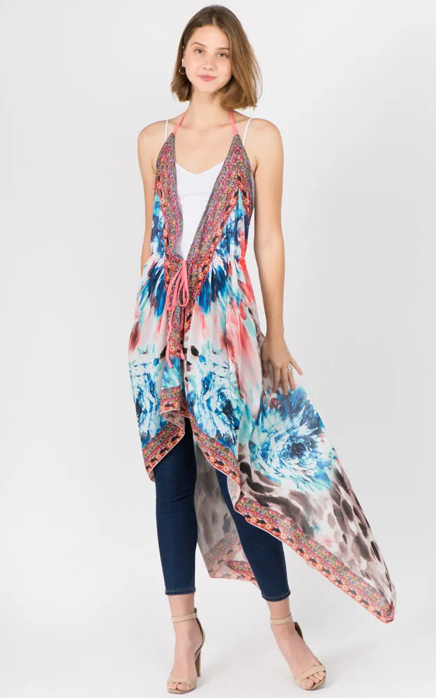 DP1C14 Spring Summer Printed Front Tie Long Vest