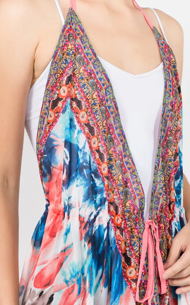 DP1C14 Spring Summer Printed Front Tie Long Vest