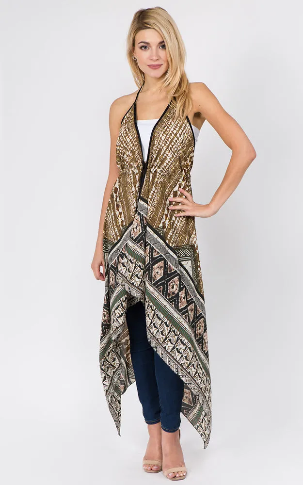 DP1C14 Spring Summer Printed Front Tie Long Vest