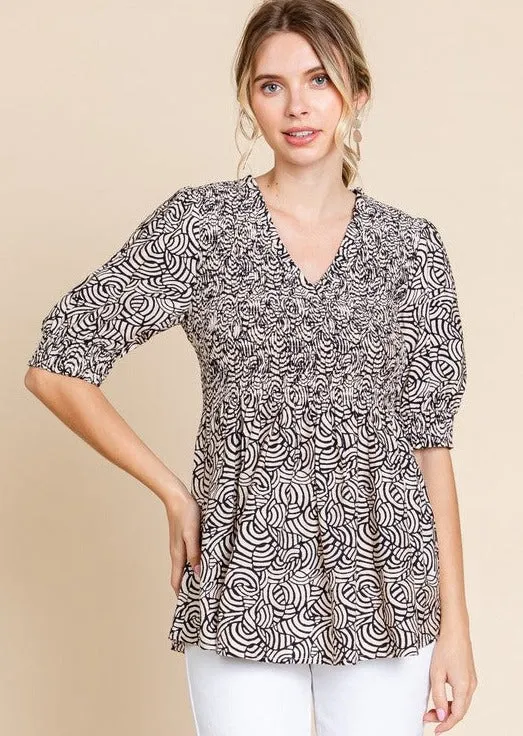 FINAL SALE - Black & Taupe Printed Babydoll Top