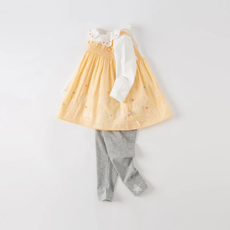 Flower Embroidery Two-piece Girl Orange Smocking Dress & Pants Set