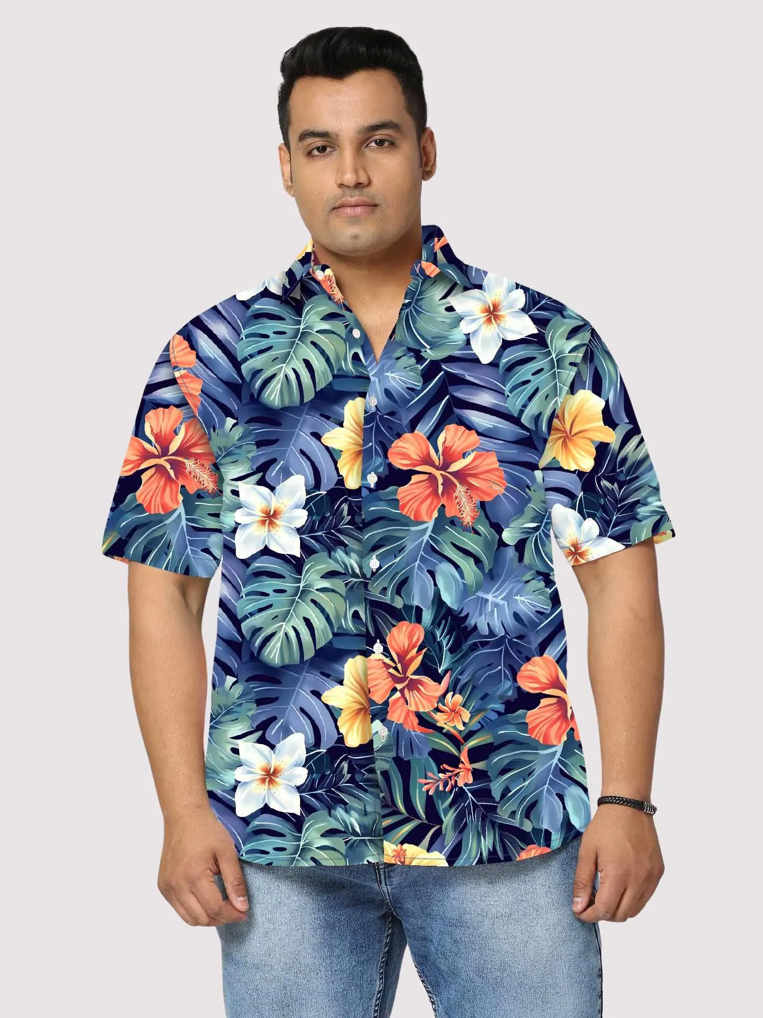 Hibiscus Flower Blue Digital Printed Half Sleeve Shirt Men's Plus Size