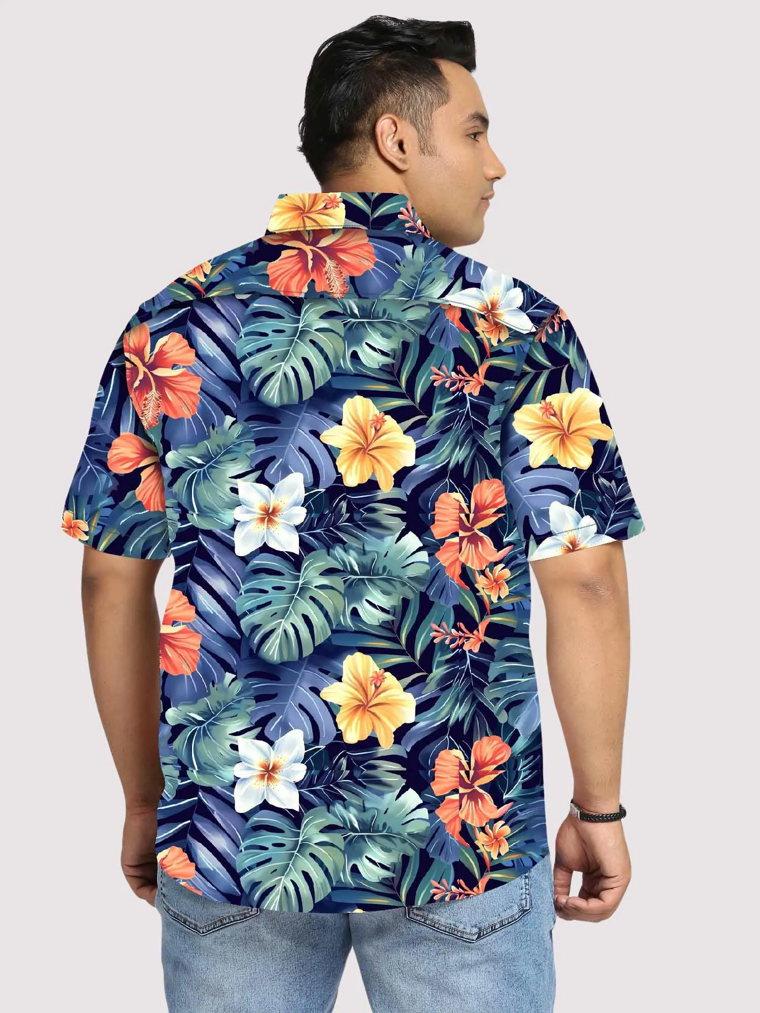 Hibiscus Flower Blue Digital Printed Half Sleeve Shirt Men's Plus Size