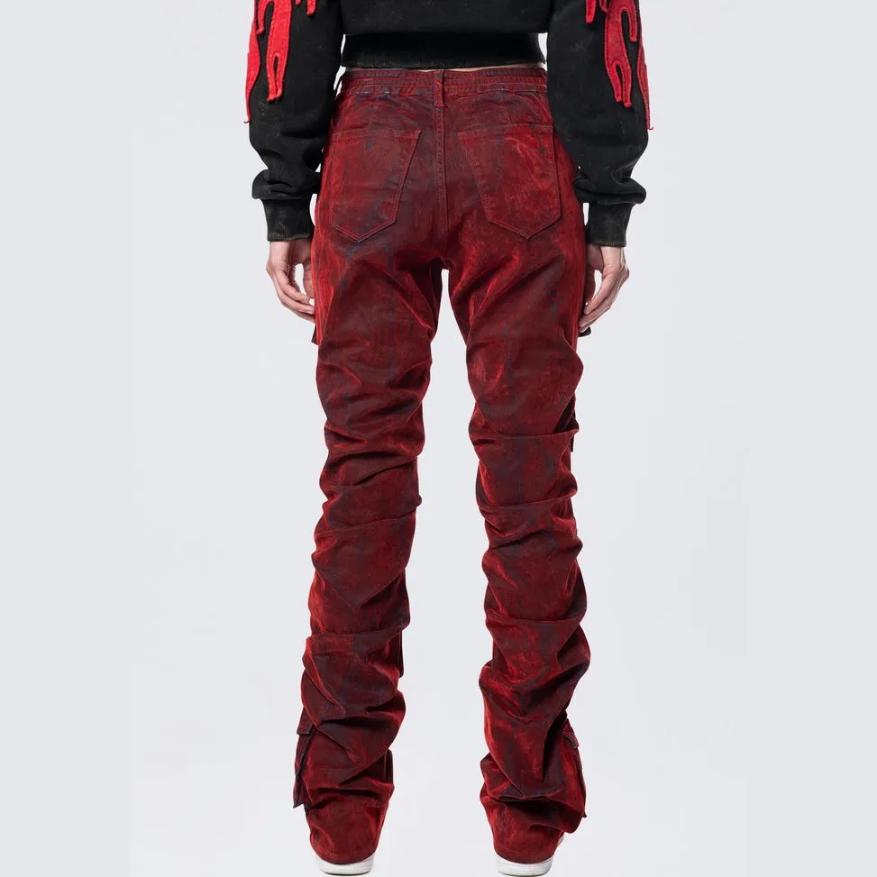 High Rise Stacked Flocked  Jeans - Crimson