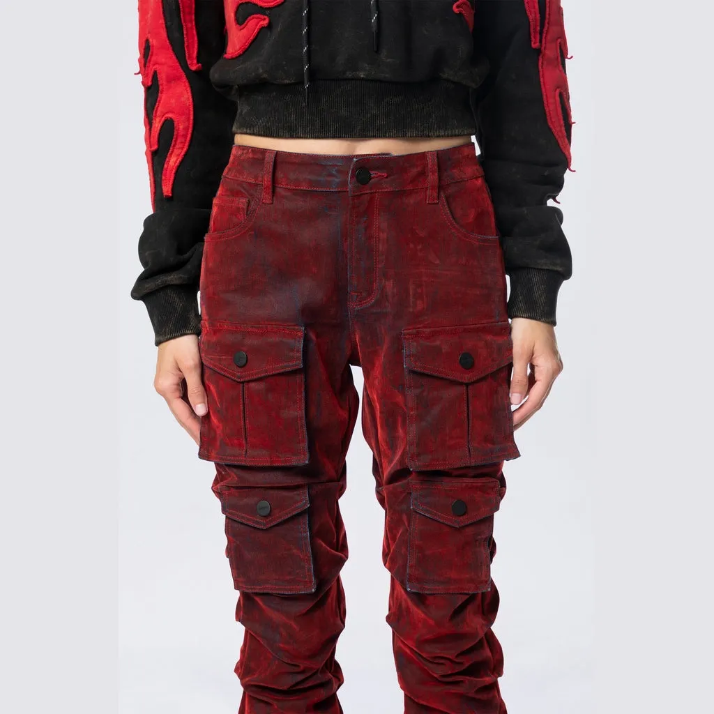 High Rise Stacked Flocked  Jeans - Crimson